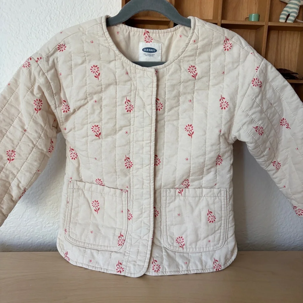 Old Navy Girls Floral Quilted Jacket - Cream with Pink Floral Print
